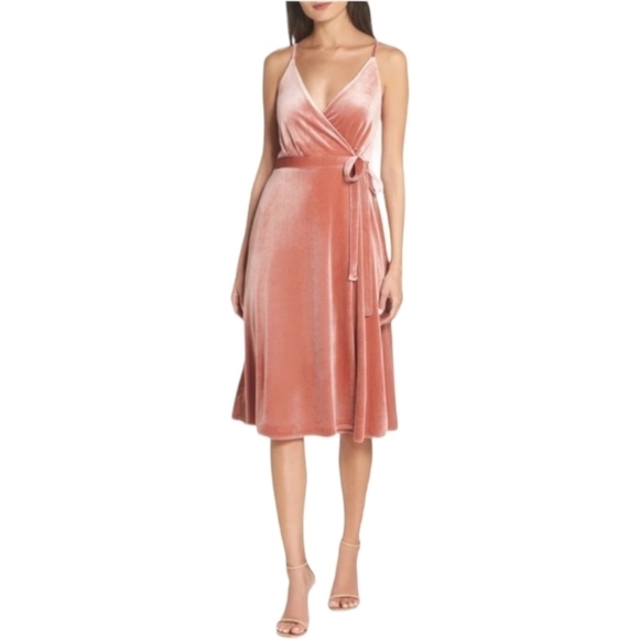 ALI & JAY Dresses & Skirts - Ali & Jay Blush Pink Velvet Wrap Midi Dress Sleeveless V-Neck Spaghetti Strap S